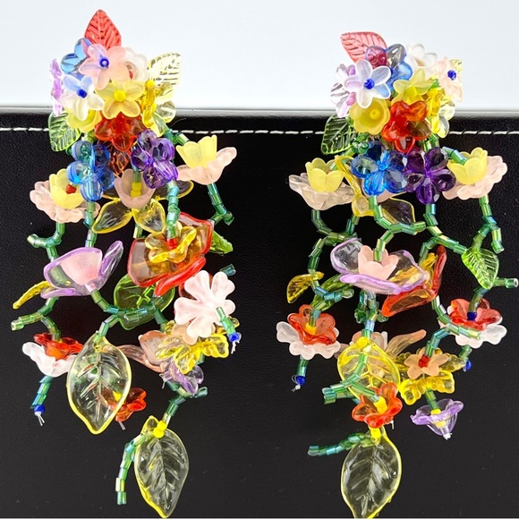 Beaded Flower Waterfall Statement Earrings - Picture 1 of 6